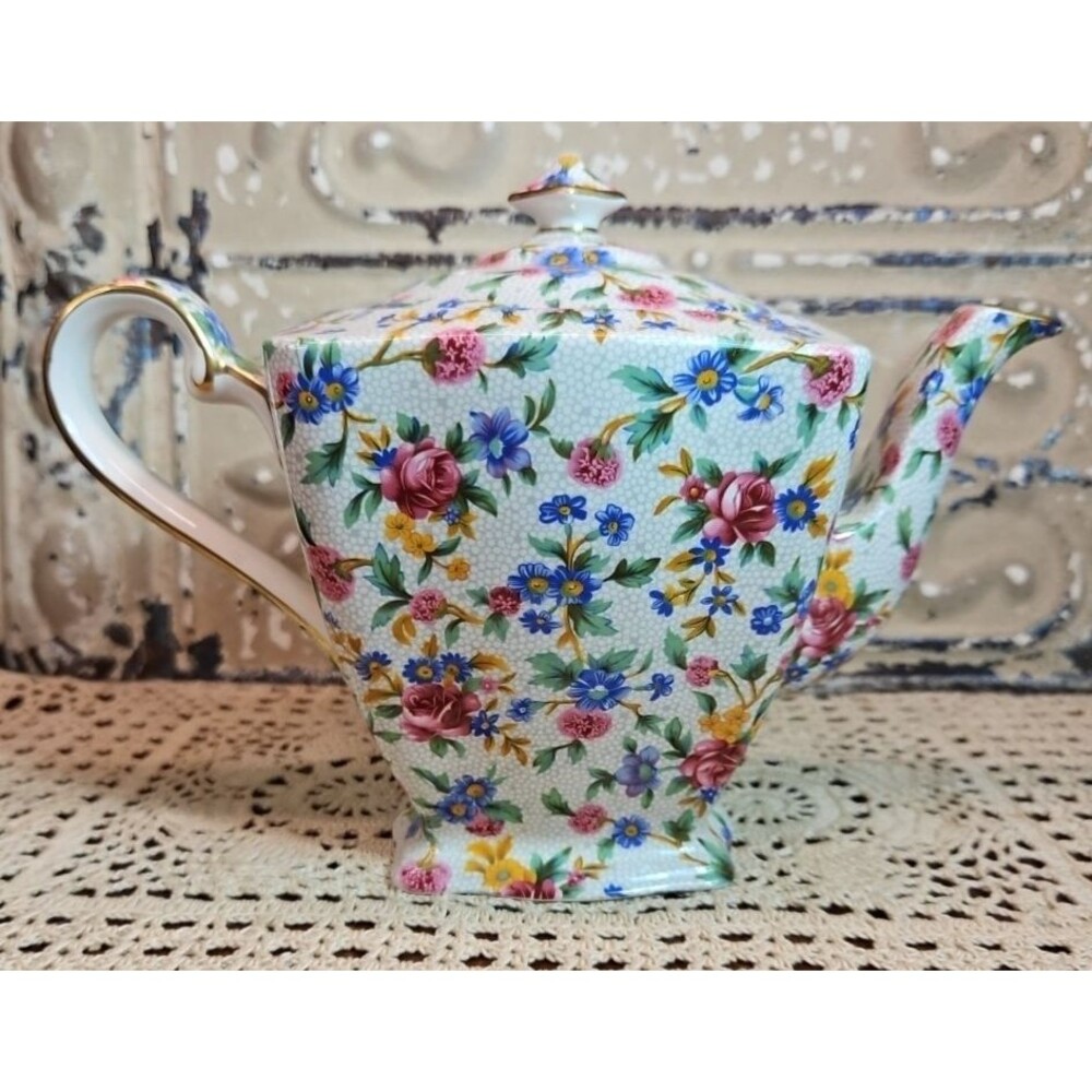 Vintage Royal Winton Grimwades “Old Cottage” Square Chintz Teapot
